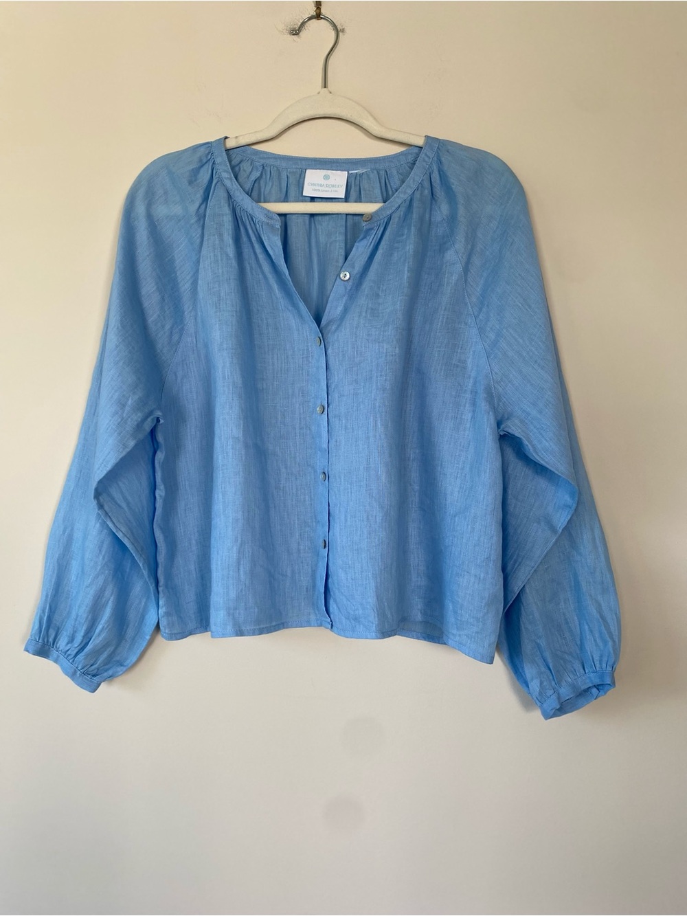 Cynthia Rowley Linen Shirt Blue Long Sleeve Button Coastal Cropped Size M